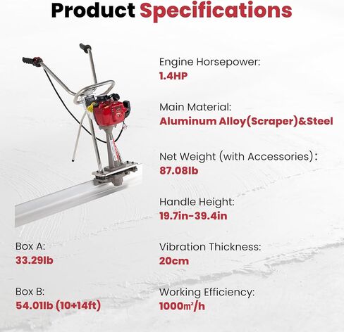1.4HP Concrete Power Screed with 10ft & 14ft Aluminum Boards, Vibrating Screed Concrete Tool 8000RPM with Adjustable armrests and brackets for Construction in Kuwait