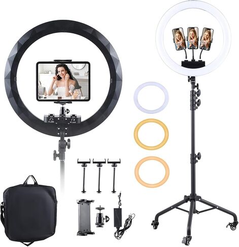 19" Ring Light with Stand, Rolling Wheels, 3 Phone Holders & iPad Holder in Saudi Arabia