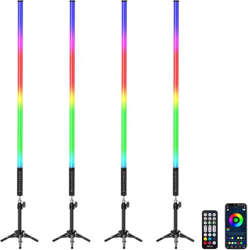 4 Pack RGB Tube Lights with Tripod Stand, 4FT LED Video Light Bar, Music Sync, 5200mAh Rechargeable Battery, App & Remote Control, Dimmable RGB Photography Lighting for Streaming, DJ, Party in Kuwait