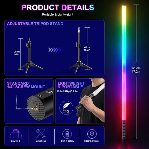 4 Pack RGB Tube Lights with Tripod Stand, 4FT LED Video Light Bar, Music Sync, 5200mAh Rechargeable Battery, App & Remote Control, Dimmable RGB Photography Lighting for Streaming, DJ, Party in Kuwait