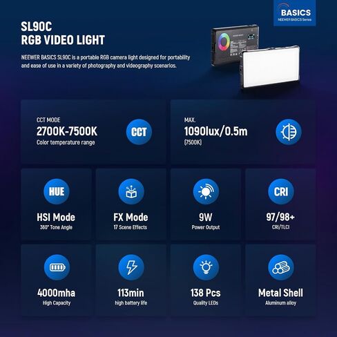 NEEWER Basics RGB Video Light, 9W 2700K-7500K Portable Full RGB Colors 17 Scenes CRI97, 4000mAh Rechargeable Metal Small LED Camera Panel Lighting for DSLR Tripod Streaming Video Recording, SL90C in Kuwait