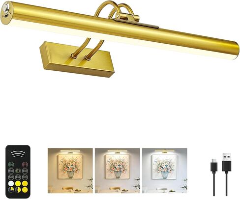 Picture Light,Magnetic Wall Lights 5000mAh,16inch Art Light,Antique Brass | Photo Lights for Wall Rechargeable,Remote Timer and Dimmer Gallery Light,Metal Painting Light for Portrait Display Frame in Kuwait
