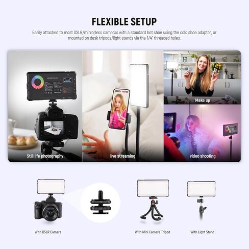 NEEWER Basics RGB Video Light, 9W 2700K-7500K Portable Full RGB Colors 17 Scenes CRI97, 4000mAh Rechargeable Metal Small LED Camera Panel Lighting for DSLR Tripod Streaming Video Recording, SL90C in Kuwait