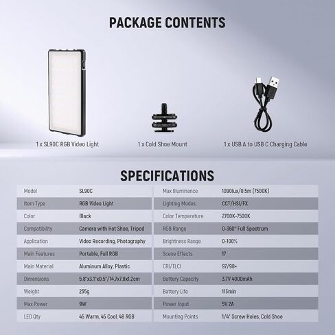 NEEWER Basics RGB Video Light, 9W 2700K-7500K Portable Full RGB Colors 17 Scenes CRI97, 4000mAh Rechargeable Metal Small LED Camera Panel Lighting for DSLR Tripod Streaming Video Recording, SL90C in Kuwait