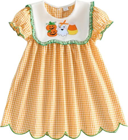 Toddler Girl Halloween Smocked Dress | Puff Short Sleeve, Plaid Print, Pumpkin/Ghost/Candy Corn Pattern in Kuwait
