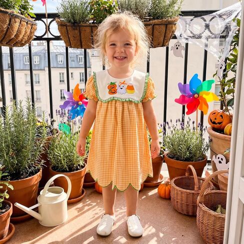 Toddler Girl Halloween Smocked Dress | Puff Short Sleeve, Plaid Print, Pumpkin/Ghost/Candy Corn Pattern in Kuwait