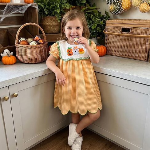 Toddler Girl Halloween Smocked Dress | Puff Short Sleeve, Plaid Print, Pumpkin/Ghost/Candy Corn Pattern in Kuwait