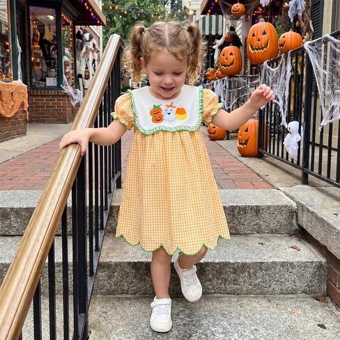 Toddler Girl Halloween Smocked Dress | Puff Short Sleeve, Plaid Print, Pumpkin/Ghost/Candy Corn Pattern in Kuwait