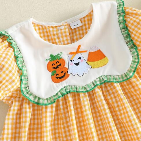 Toddler Girl Halloween Smocked Dress | Puff Short Sleeve, Plaid Print, Pumpkin/Ghost/Candy Corn Pattern in Kuwait