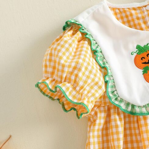 Toddler Girl Halloween Smocked Dress | Puff Short Sleeve, Plaid Print, Pumpkin/Ghost/Candy Corn Pattern in Kuwait
