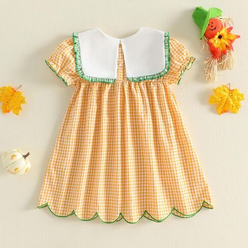 Toddler Girl Halloween Smocked Dress | Puff Short Sleeve, Plaid Print, Pumpkin/Ghost/Candy Corn Pattern in Kuwait