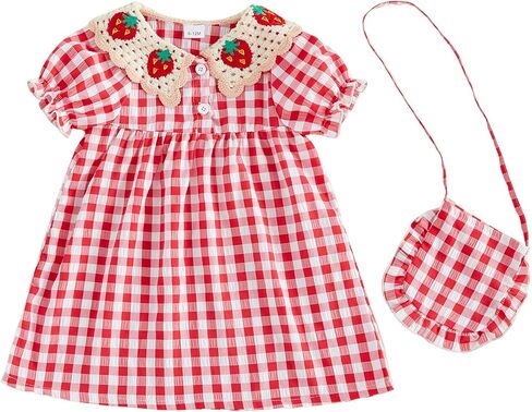 Toddler Girl Summer Dress Cute Short Sleeve Strawberry Plaid Dresses Little Girl Sundress with Shoulder Bag in Kuwait