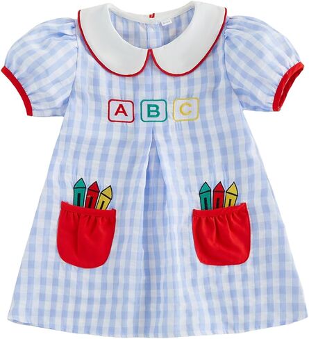 1-6T Girl Back to School Blue Plaid Apple Dress with Pocket | Toddler and Little Girls School Season Apple Dress First Day of School Outfits One Piece Doll Collar A-Line Dress in Kuwait