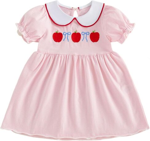 Toddler Girl Back to School Smocked Dress Peter Pan Collar Puff Short Sleeve Embroidery Dresses Kindergarten Clothes in Kuwait