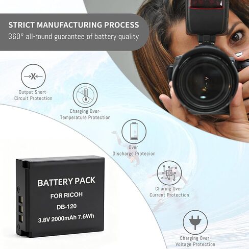 DB-120 2-Pack Battery and Dual Charger Compatible for Ricoh GR IV GRIV GR4 | Upgrade 2000mah Rechargeable Battery for Ricoh GR IV Accessories with Quick LED USB Charger in Kuwait
