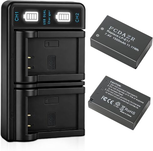 LP-E17 Battery(2-Pack) and Dual Charger | For Canon EOS R100 R8 R50 RP R10, Rebel T8i T7i T6i T6s,Powershot V1 SL2 SL3 EOS M3 M5 M6, EOS 200D 250D 77D 750D Cameras in Kuwait