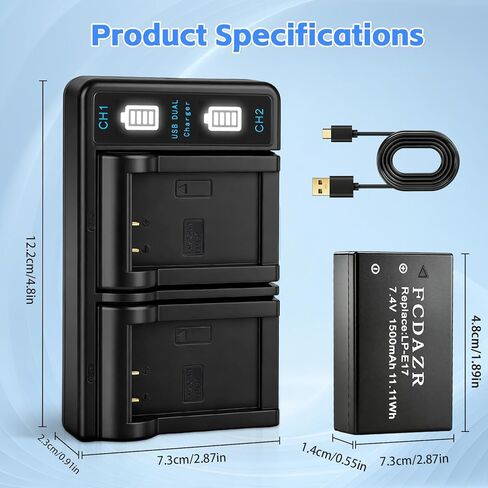 LP-E17 Battery(2-Pack) and Dual Charger | For Canon EOS R100 R8 R50 RP R10, Rebel T8i T7i T6i T6s,Powershot V1 SL2 SL3 EOS M3 M5 M6, EOS 200D 250D 77D 750D Cameras in Kuwait