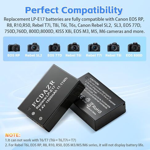 LP-E17 Battery(2-Pack) and Dual Charger | For Canon EOS R100 R8 R50 RP R10, Rebel T8i T7i T6i T6s,Powershot V1 SL2 SL3 EOS M3 M5 M6, EOS 200D 250D 77D 750D Cameras in Kuwait