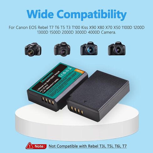 LP-E10 Battery 2-Pack 1600mAh with USB-C Charging Port for Canon EOS Rebel T3, T5, T6, T7, T100, Kiss X50, Kiss X70, T100, EOS 1100D, 1200D, 1300D, 2000D, 1500D, 3000D, 4000D Cameras in Kuwait