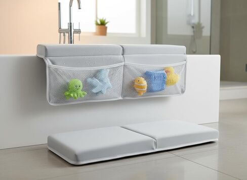 NEW Luxury Bath Kneeling Pad and Elbow Rest Set - THICK SOFT Bath Kneeler Pad and Bath Toys Organizer with Pockets - Supports Knees and Elbows - Bath Kneeling Pad for Baby Bathtime - Light Grey in Kuwait