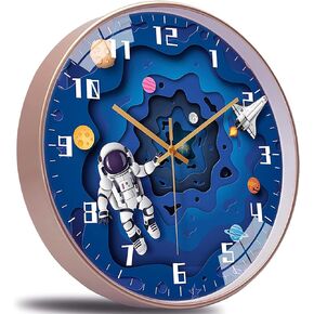 YHan 12 Inch Silent Movement Kids Wall Clock Battery Operated, Non Ticking Children Round Wall Clock, Space Travel Style Decor Children Clock for Home School Boys Bedroom Living Room (Blue)