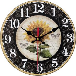 Qukueoy 14 Inch Sunflower Kitchen Wall Clock Rustic Farmhouse Clocks, Thick Wood Home Decor Clock for Bedroom, Office, Dinning Room, Silent Battery Operated (White)