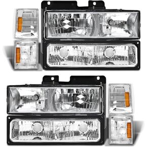 for 1994-1998 Sierra Headlight Assembly compatible with 1994-1998 GMC C10/Sierra/Suburban/Yukon w/Bumper & Corner Chrome Housing with Amber Reflector Headlamp Replacement Left and Right