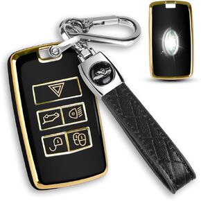 QBUC for Land Rover Key Fob Cover with KeyChain Soft TPU Gold Trim Key Case Full Protection Compatible with 2018-2023 Land Rover Range Rover Evoque Sport Vogue Discovery 5 Jaguar E I-PACE (Black)