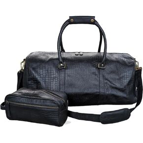 21" Leather Travel Duffel Bags for Men and Women with Toiletry Bag and Shoe Compartment Genuine Buffalo Leather Overnight Weekend Black Leather Vintage Luggage Sports Gym Duffle Bag