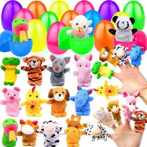 TURNMEON 24 Pieces Multicolor Easter Surprise Eggs with 24 Different Finger Puppets Toys Inside, Soft Velvet Animals Puppets Easter Hunt Eggs, Easter Basket Stuffers for Toddlers Girls Boys