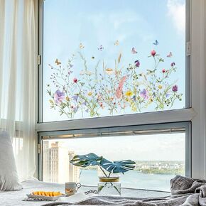 Wild Flower Window Stickers Floral Clings Spring Summer Nature Flower Butterfly Colorful Vinyl Window Decals Toddler Kids Birds Anti-Collision Doors Stickers Art to Prevent Bird Strikes