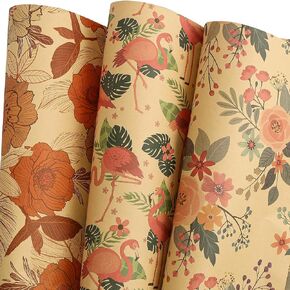 BULKYTREE Kraft Floral Wrapping Paper for Girls Kids Men Women Birthday Wedding Mothers Day Bridal Shower Wedding Graduation - 6 Large Sheets Flowers Leaves Birds Gift Wrap - 27 x 37 Inches Per Sheet