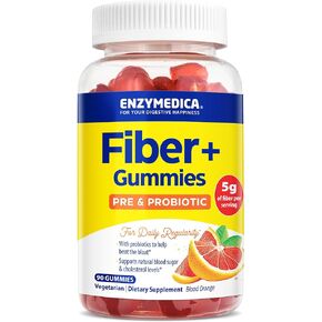 Enzymedica Fiber+ Gummies with Prebiotics & Probiotics for Daily Regularity, Vegetarian, 5g Fiber, Natural Chewable Digestive Health Supplement, Kids & Adult Women & Men, Blood Orange Flavor, 90 ct
