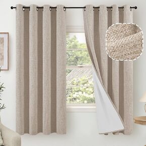 Beige Linen 100% Blackout Curtains for Bedroom 63 Inch Length 2 Panels, Thermal Insulated Complete Light Blocking Noise Reducing Window Curtains for Nursery, Bronze Grommet, Each 52" Wide