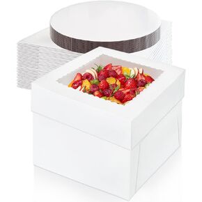 12 Pcs Cake Boxes,10x10x8 Inches Tall Cake Box with Window,White Square Bakery Boxes for Multi-Layer Cakes,Cake Decorating Supplies(12 Pcs Cake Boxes and 12 Pcs Boards)