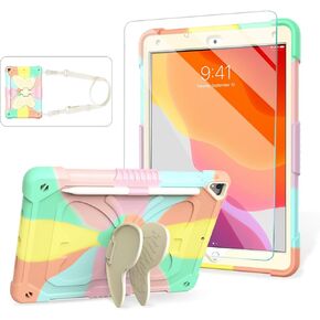 for iPad 9th Generation Case 10.2 inch for Kids Girls with Screen Protector, Butterfly Kickstand, Shoulder Strap, Pencil Holder Rugged Cover for iPad 9th 8th 7th Gen 2021 2020 2019, Purple in Saudi Arabia