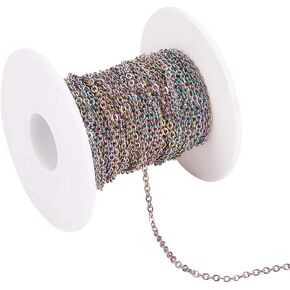 Pandahall 32.8 Feet Stainless Steel Curb Chain Rainbow Color Soldered Flat Oval Cross Cable Necklace Chain Link with Spool 3x2.5mm for Bracelet Earring Jewelry Making