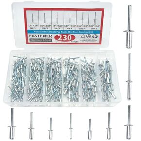 230pcs Pop Rivets Assortment Kit, 6 SAE Sizes Aluminum Rivets (1/8" 5/32" 3/16"), Assorted Blind Rivets with Reinfored Divider & Labeled Case…