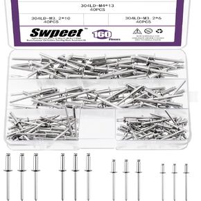 Swpeet 160Pcs 1/8" 5/32" 3/16" Large Flange All 304 Stainless Steel Blind Rivets Kit, Black Pop Rivets Open End Type Pop Rivet for Indoor and Outdoor Use