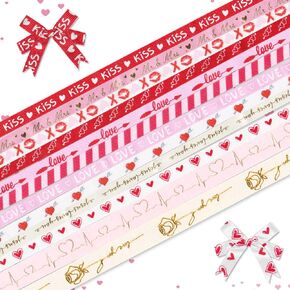 9 Rolls 27 Yards Valentine Ribbons Red Pink Ribbons Love Gnomes Decorative Grosgrain Ribbons XOXO Heart Dot Valentine's Day Satin Ribbon 3/8" Wide for Gift Wrapping Crafts Anniversary Party