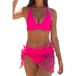 Beachsissi Womens 3 Piece Swimsuits Halter Bikini Set Butterfly Bathing Suits Sarongs Solid Color Cute Bikini Set