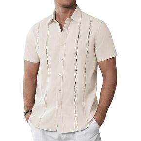 قمصان Alimens & Gentle الرجالية الكوبية Guayabera من القطن والكتان بأكمام قصيرة وأزرار للأسفل قمصان صيفية غير رسمية لمخيم الشاطئ