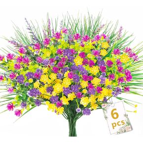 6 Pcs Artificial Flowers Outdoor UV Resistant Faux Outdoor Flowers Fake Plastic Outdoor Plant for Hanging Planter Porch Window Home Wedding Spring Decor, Multiple Color