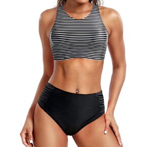 Holipick Women High Waisted Two Piece Bikini Set Racerback Bathing Suit Sporty Crop Top with Bottom for Teen Girls