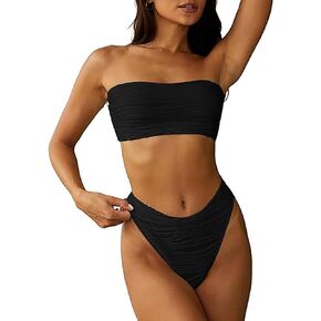 HYTENSUN Women's Bandeau High Waisted Bikini Patchwork Strapless Ribbed Swimsuits Two Piece Bathing Suits