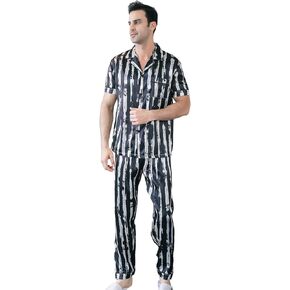 AISOMNUS Men's Satin Pajama Set Short Sleeve Silky Pajamas Pants Button Down Sleepwear Silky Men's Pajama Set