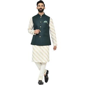 Men's Green Kurta Jacket (Waistcoat/Modi/Nehru) & Pyjama Combo (Set of 3), Ethnic Indian Traditional Wear