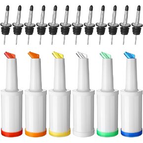 Fruit Juice and Liquor Pour Bottles Bar Supplies Pour Bottles Plastic Juice Pour Bottles with Stainless Steel Bottle Pourer Tapered Spout for Liquor Juice Store 34 OZ (White, Blue,Green, 3 Pack)