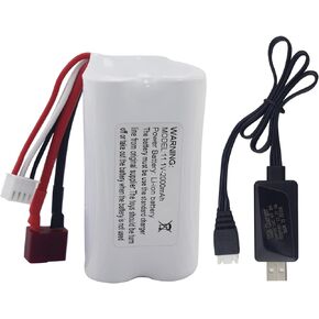 1PCS 11.1V 2000mAh T Plug Lithium Battery and USB Charging Cable Suitable for R608 2104 RC Speedboat, RC Boat Model, Tumbler Toy Battery Accessories