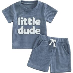 Kodaruber Infant Baby Boy Summer Clothes Waffle Knit Letter Print Short Sleeve T Shirts Shorts Cute Toddler Outfits Set